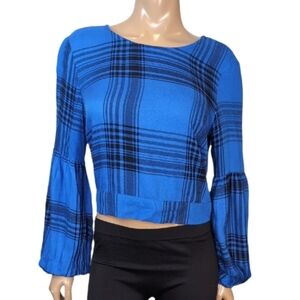 NEW Wild Fable Plaid Top Womens Size Medium Blue Black Balloon Sleeve